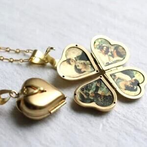 Solid Polished Bronze Vintage Heart Photo Locket Clover Gold Necklace